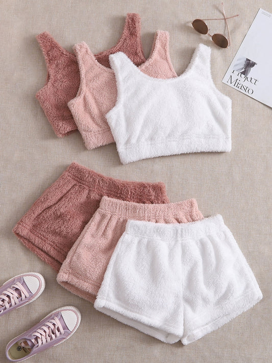 3pcs Solid Flannel Tank Top & 3pcs Lounge Shorts